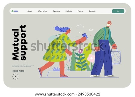 Mutual Support: Picking Up the Dropped Item -modern flat vector concept illustration of a woman who picked up a wallet lost by an elderly man Metaphor of voluntary, collaborative exchanges of services