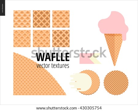 Vector illustration of six seamless waffle patterns and red fruit ice cream scoop in a waffle cone, pink flat ribbon and two round Belgian wafers