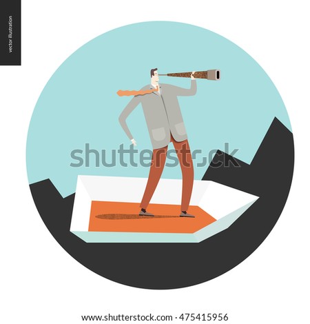 Businessman with a telescope in a boat. Flat vector concept cartoon illustration of a man wearing suit, looking through the telescope, standing in a small boat, surrounded by sharp waves, in a circle.