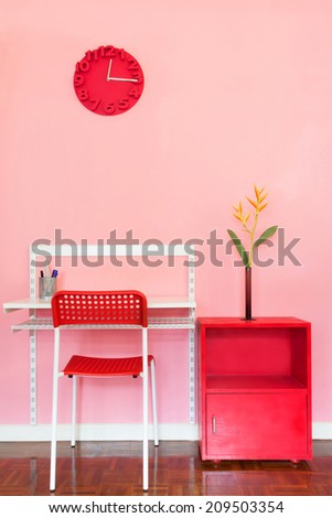 Table, Chair and Cabinet / red furniture in pink room for small space