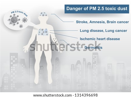 Human body with warning wording about danger of PM 2.5 dust on landscape city view in dust and bad fog pollution on gray background. PM 2.5 dust bad pollution warning poster campaign in vector design.