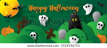 Halloween cute ghosts party in a graveyard scene with green clouds. Happy Halloween greeting card in paper cut style and web banner design and green background. 
