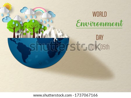 Wildlife animals with nature on a half blue earth with the day and name lettering on recycle paper color tone and pattern background. World Environment Day's poster campaign in paper cut style.