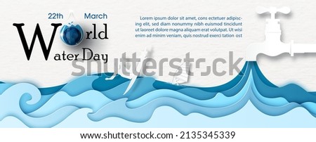 Water tap with blue layer of water shape and silhouette of people playing water sports, the day and name of event, example texts on white paper pattern background.
