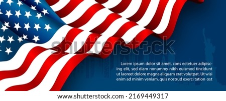 Closeup and crop of The U.S.A flag with example texts on landscape of city pattern and navy background.  background. Card and poster of the U.S.A independent day in vector design.