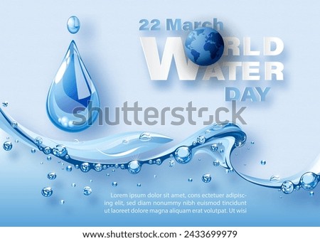 Poster's campaign of world water day with glass droplet and transparent pure water with wording of World water day, example texts on blue background.