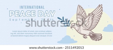 Poster concepts of International day of Peace with dove peace flying and wording of event in flat style and example texts on light blue background.