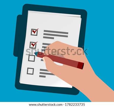 above view of person ticking off check list or questionnaire with pen vector illustration