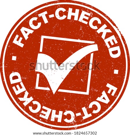 grungy red round FACT-CHECKED label or rubber stamp with checkmark vector illustration