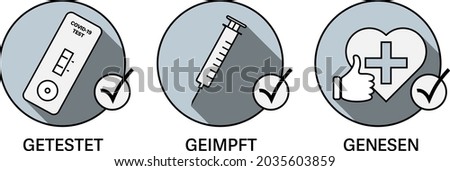 3G Covid-19 rules in Germany, admittance for people tested (Getestet), vaccinated (Geimpft) and that have recovered (Genesen), vector illustration sign Imagine de stoc © 