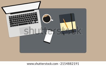 top down view of office desk with laptop, notebook with pencil, smartphone and cup of coffee, vector illustration