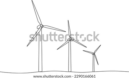continuous single line drawing of wind farm, renewable energy wind turbines line art vector illustration