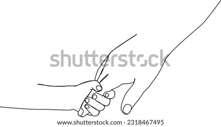 continuous single line drawing of child holding finger of mothers hand, line art vector illustration