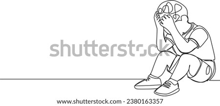 continuous single line drawing of sad or frustrated toddler boy sitting on floor hiding face behind hands, line art vector illustration