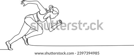 continuous single line drawing of female athlete starting to sprint, running and sprinting line art vector illustration