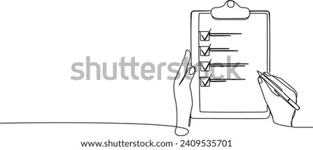 continuous single line drawing of hands holding clipboard with checklist, line art vector illustration