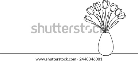 continuous single line drawing of tulips in flower vase, line art vector illustration