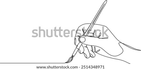 continuous single line drawing of hand holding paintbrush, line art vector illustration