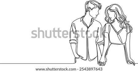 continuous single line drawing of young man and woman holding hands while looking at each other, line art vector illustration