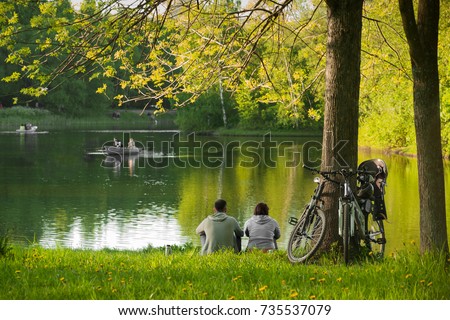 Similar – Image, Stock Photo Traveling couple near lake in forest