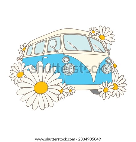 Retro hand drawn camper with daisy flowers around. Outline vector groovy illustration.