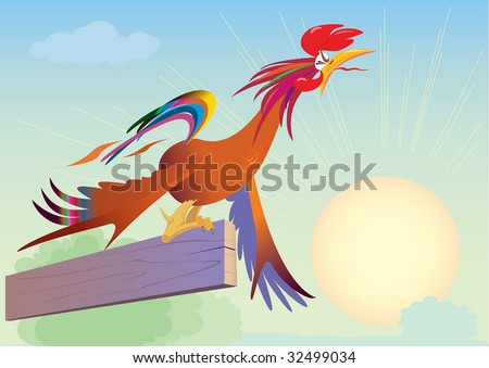 The cock at dawn crows over-straining. vector. illustration