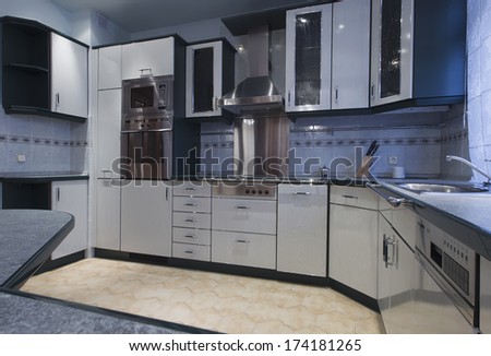 modern empty kitchen with stainless still appliances.