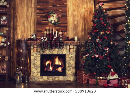 Beautiful Holiday Decorated Room With Christmas Tree, Fireplace At