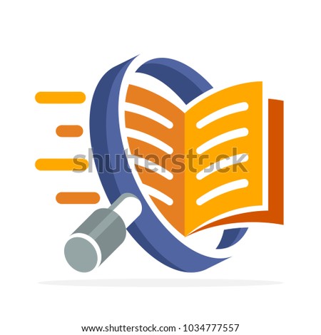 logo icon with search concept, reading, reviewing book. Illustrated with a magnifying glass and open book.