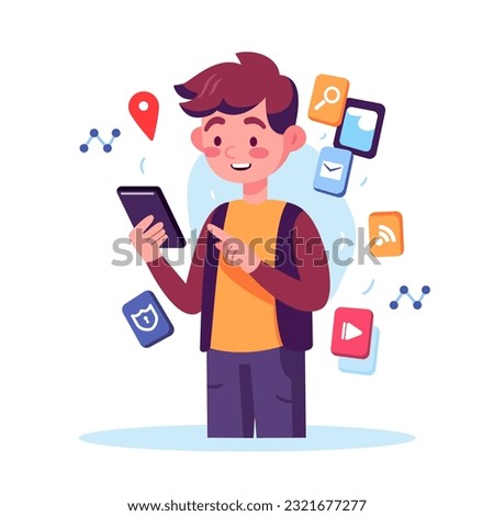 Kid using smartphone with application floating icon , social network, chat, message, internet, flat style illustration.