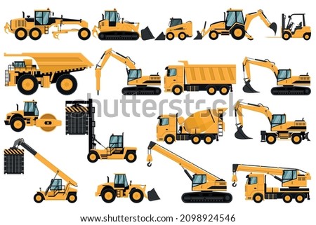 Set of heavy machinery, truck, soil compactor, backhoe, excavator, forklift, front loader, crane, motor grader, hammer, for construction and mining