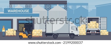 Forklift unloading pallet from cargo container or refrigerated truck to an industrial warehouse. Industrial storage and distribution of products