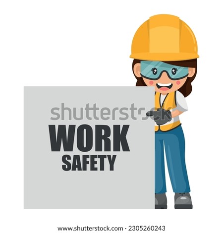 Industrial construction woman worker with her personal protective equipment and work safety poster. Engineer with safety helmet. Industrial safety and occupational health at work