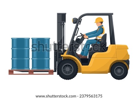 Safely driving a forklift. Fork lift truck with barrel pallet of hydraulic or petroleum oil, toxic materials. Lift truck driving safety. Security First. Industrial Safety and Occupational Health