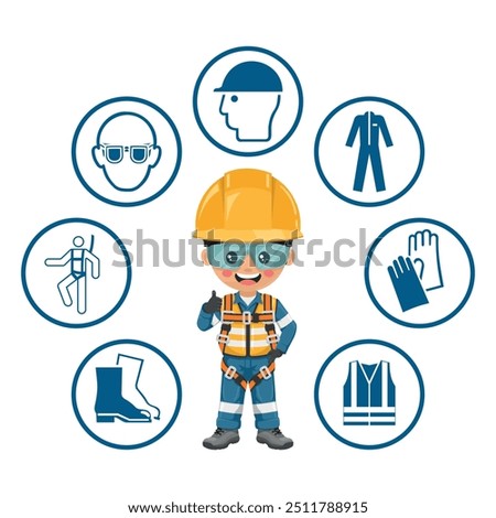 Industrial Engineer  with safety harness and personal protective equipment for working at height and preventing falls. Safety icons. Safety first. Industrial safety and occupational health