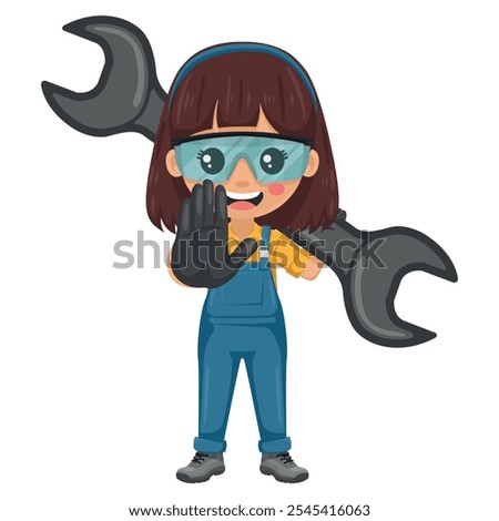 Maintenance technician with mechanic's wrench making a stop sign. Concept of repair, preventive maintenance and technical support. Handy woman focused repairs in industrial and domestic environments