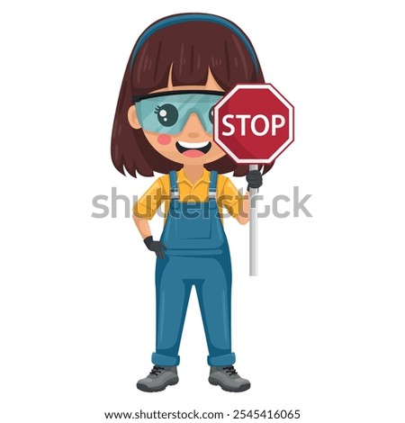 Maintenance technician with stop sign. Handy woman with personal protective equipment, safety glasses, overalls and gloves, focused on maintenance, repairs in industrial and domestic environments