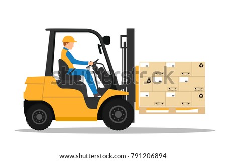 Forklift truck with man driving.