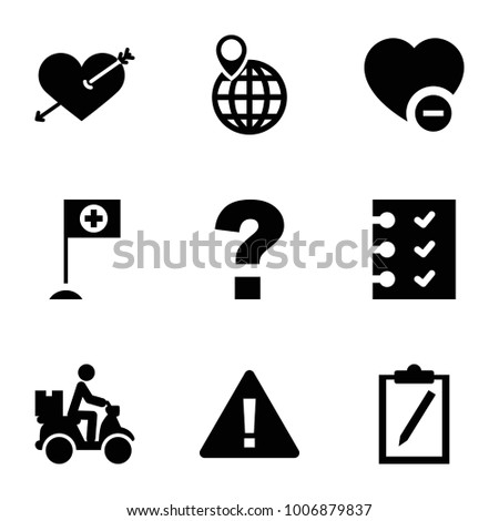 Mark icons. set of 9 editable filled mark icons such as warning, question, heart with arrow, clipboard, courier on motorcycle, minus favorite, checklist, flag