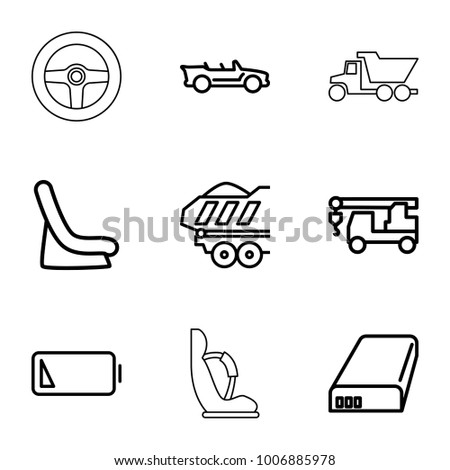 Auto icons. set of 9 editable outline auto icons such as baby seat in car, truck with hook, cargo trailer, cabriolet, battery, low battery, truck