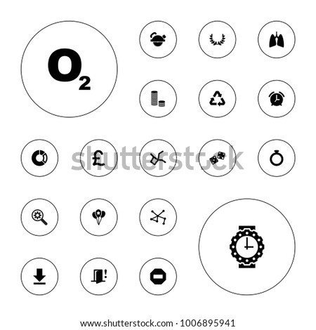 Editable vector circle icons: saw blade, ring, coin, o2 oxygen, connection, pie chart, lungs, download, network connection, minus, balloon, door warning on white background.