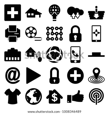 Internet icons. set of 25 editable filled internet icons such as map location, plus, lock, cloud download upload, planet, thumb up, music pause, play, network connection