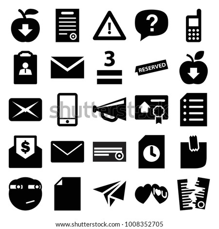 Message icons. set of 25 editable filled message icons such as phone, mail, megaphone, rolling eyes emoji, paper, apple download, exclamation, warning, 3 allowed, i love you
