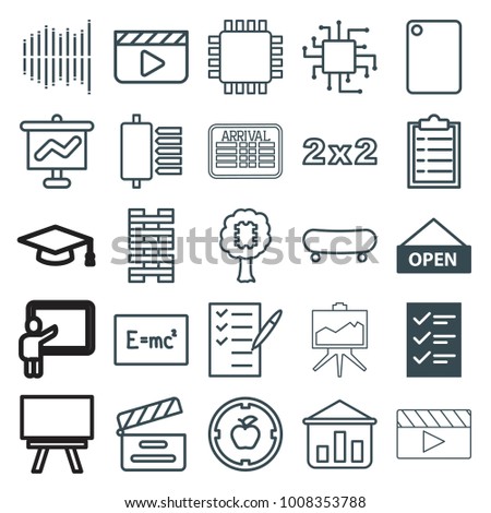 Board icons. set of 25 editable outline board icons such as open plate, checklist, blackboard, skate, domino, cpu in tree, cpu, check list, apple target, movie clapper