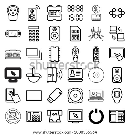 Electronic icons. set of 36 editable outline electronic icons such as switch off, electric razor, finger on tablet, atm money withdraw, laptop, display, atm, cpu in head, cpu