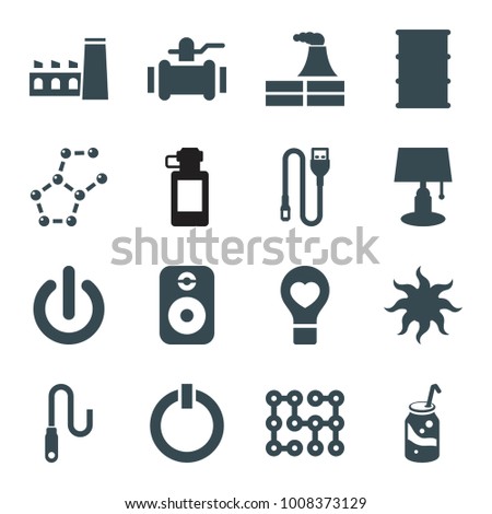 Energy icons. set of 16 editable filled energy icons such as factory, pump, table lamp, soda, barrel, bulb heart, wire, speaker, switch off, electric circuit, sun