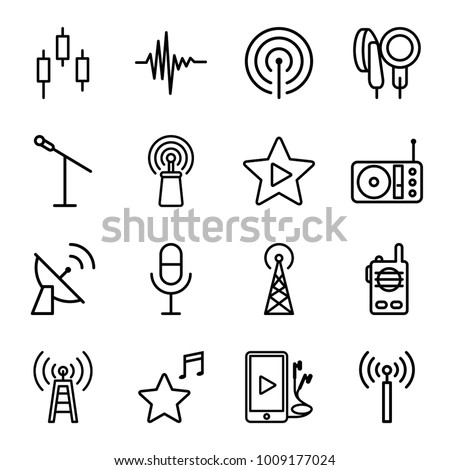 Radio icons. set of 16 editable outline radio icons such as signal tower, microphone, control panel, transmitter, signal, radio, music equalizer, phone and earphones