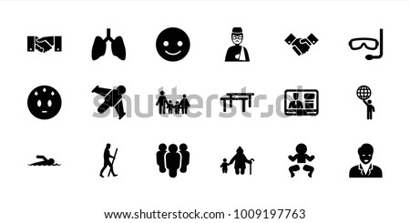 People icons. set of 18 editable filled people icons: smiling emot, sweating emot, family, newborn child, old woman and child, group, horizontal bar, lungs, hang glider