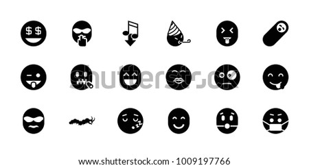 Funny icons. set of 18 editable filled funny icons: emoji showing tongue, emot showing tongue, kiss emot, dollar smiley, emoji in mask, newborn child, eating mouth