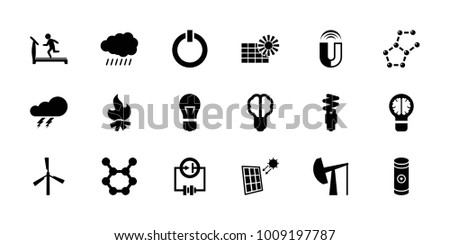 Energy icons. set of 18 editable filled energy icons: sun, mill, thunder, treadmill, brain bulb, spring rotate, battery, fluorescent lamp, switch off, solar panel, oil derrick